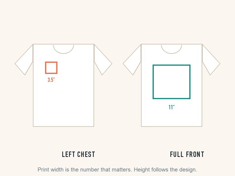 A left chest print at 3.5 inches wide and a full front at 11 inches, shown on two tee outlines