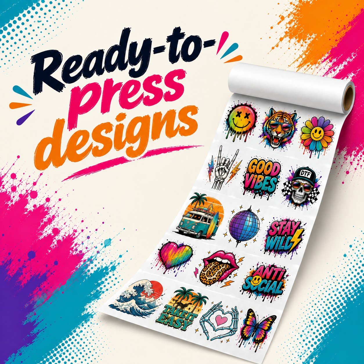 Ready-to-press DTF designs on matte film